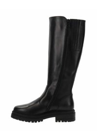 Bottes noires hauteur genou en cuir lisse, avec une fermeture éclair sur le côté, des accents texturés en haut et une semelle en caoutchouc épaisse.