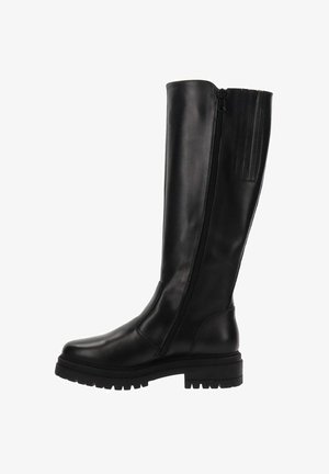 Bottes noires hauteur genou en cuir lisse, avec une fermeture éclair sur le côté, des accents texturés en haut et une semelle en caoutchouc épaisse.
