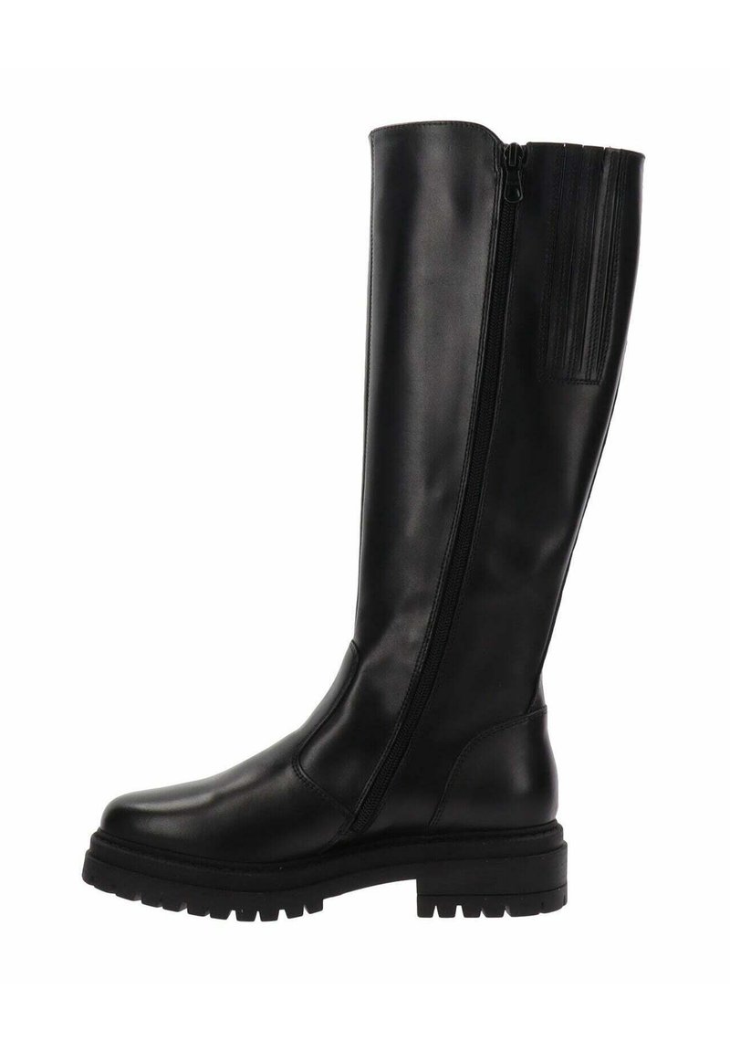 Bottes noires hauteur genou en cuir lisse, avec une fermeture éclair sur le côté, des accents texturés en haut et une semelle en caoutchouc épaisse.