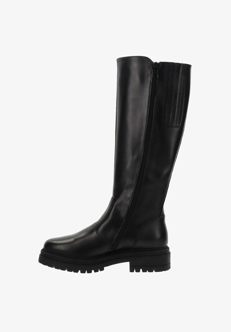Black knee-high boots made from smooth leather, featuring a side zipper, textured accents at the top, and a chunky rubber sole.