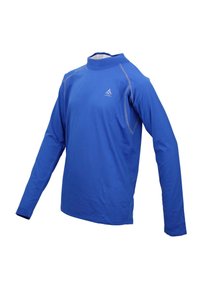 Maglietta sportiva a maniche lunghe di colore blu, realizzata in tessuto liscio. Presenta un colletto alto e cuciture a contrasto. Logo visibile sul petto.