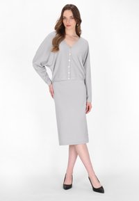 Grijze, lang mouw, V-hals jurk met een knoopsluiting aan de voorkant en een rok tot de knie. Gladde textuur, aansluitende taille, gecombineerd met zwarte puntenhakken.