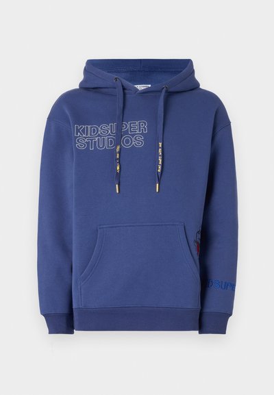 Navy blue hoodie made of soft fabric with a front kangaroo pocket, drawstrings with gold tips, and printed "KIDSUPER STUDIOS" logo.