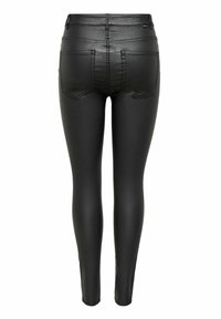 Leggings en simili cuir noir au design ajusté, présentant deux poches arrière et une texture lisse et brillante.