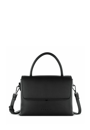 Borsa a tracolla in pelle nera con design strutturato, dotata di manico superiore e tracolla removibile. Include una chiusura a patta e logo impresso.