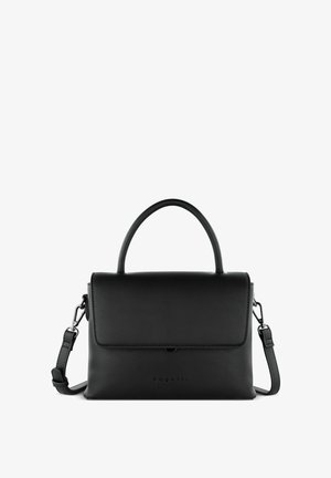Borsa a tracolla in pelle nera con design strutturato, dotata di manico superiore e tracolla removibile. Include una chiusura a patta e logo impresso.