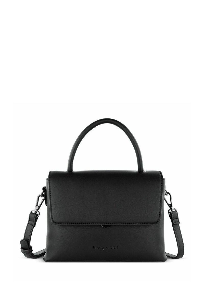 Borsa a tracolla in pelle nera con design strutturato, dotata di manico superiore e tracolla removibile. Include una chiusura a patta e logo impresso.