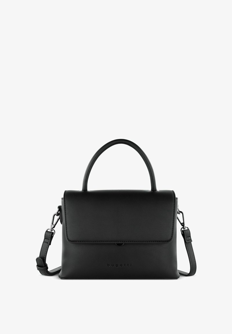 Borsa a tracolla in pelle nera con design strutturato, dotata di manico superiore e tracolla removibile. Include una chiusura a patta e logo impresso.