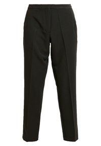 Zwarte tailleurbroek met een recht model, voorzien van een vlakke voorkant, twee zijzakken, een zachte textuur en een elastische tailleband.