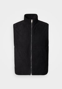 Fekete ujjatlan mellény puha velúrból, magas gallérral és középen cipzárral, oldalzsebekkel és sima textúrával.