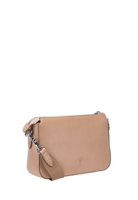 Borsa a tracolla in pelle beige con una texture liscia, chiusura con zip, tracolla regolabile e dettagli in logo goffrato sul davanti.