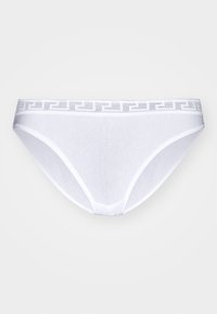 Hvitt bomulls bikiniundertøy med myk tekstur og et dekorativt grått mønstrete liv. Klassisk passform med en glatt finish.