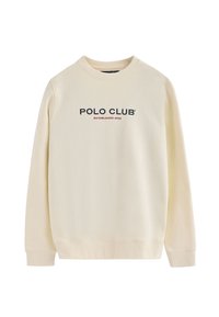 Sudadera color crema con cuello redondo, puños y bajo acanalados. Presenta el texto "POLO CLUB" y "ESTABLECIDO EN 2012" en negro y rojo en contraste.