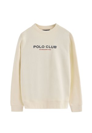 Cremefarbenes Sweatshirt mit Rundhalsausschnitt, gerippten Bündchen und Saum. Mit kontrastierenden schwarzen und roten Aufschriften "POLO CLUB" und "ESTABLISHED 2012".
