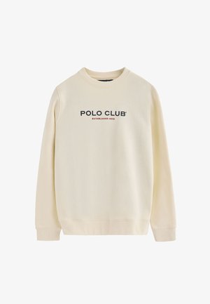 Cremefarbenes Sweatshirt mit Rundhalsausschnitt, gerippten Bündchen und Saum. Mit kontrastierenden schwarzen und roten Aufschriften "POLO CLUB" und "ESTABLISHED 2012".
