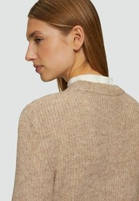 Beiger Strickpullover mit strukturierter Oberfläche, Rundhalsausschnitt und dezenten Rippenakzenten am Kragen. Das Modell zeigt die Rückansicht.