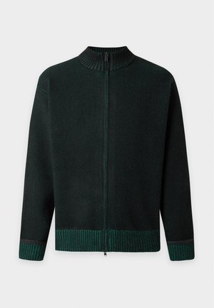 Pull tricoté vert foncé zippé intégralement avec col, poignets et ourlet côtelés présentant des rayures vert clair.