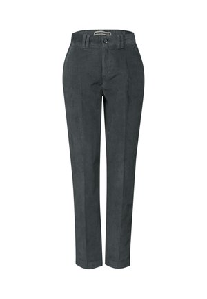 Dunkelgraue Stoffhosen mit geradem Bein, die zwei Fronttaschen, einen Knopfverschluss und Gürtelschlaufen an der Taille aufweisen.