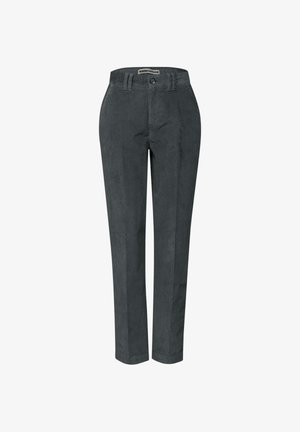 Dunkelgraue Stoffhosen mit geradem Bein, die zwei Fronttaschen, einen Knopfverschluss und Gürtelschlaufen an der Taille aufweisen.