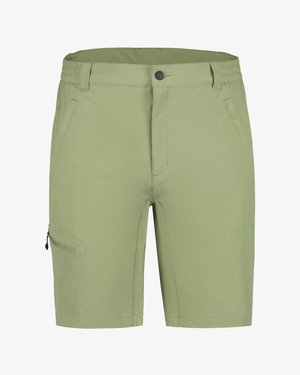 Hellgrüne Herren-Shorts mit Knopf- und Reißverschlussverschluss, Fronttaschen, Gürtelschlaufen und einer Reißverschlusstasche am linken Bein.