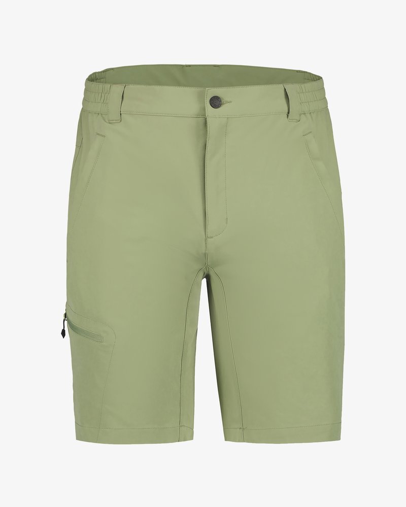 Shorts homme vert clair avec fermeture par bouton et zip, poches avant, passants de ceinture et poche latérale zippée sur la jambe gauche.