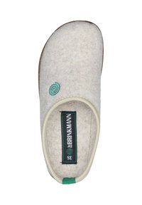 Wool felt slipper in light grey with an embroidered green swirl. Features a beige accent trim and a dark label with brand name and size.