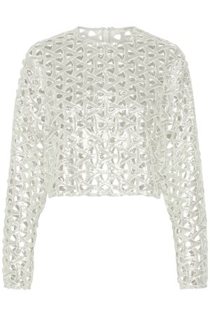 Trumpu ilgomis rankovėmis viršus, pagamintas iš blizgaus sidabrinio tinklo audinio su sudėtingais išpjovų raštais ir apvaliu iškirpimu.