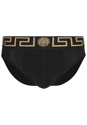 Schwarze Baumwollslips mit einem goldfarbenen geometrischen Muster am Bund, das ein zentrales Medusa-Emblem zeigt. Nahtloses Design mit geradem Schnitt.