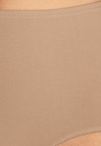 Beige katoenen blend hoge taille slip met een gladde textuur, elastische tailleband en een delicate kantafwerking langs de beenopeningen.