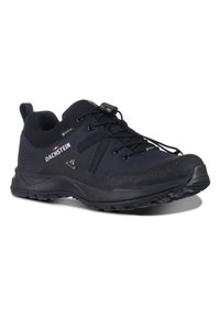 Schwarzer Wanderschuh mit strukturiertem Obermaterial und Gummisohle. Verfügt über synthetisches Material, elastische Schnürsenkel und ein wasserdichtes GORE-TEX-Siegel.