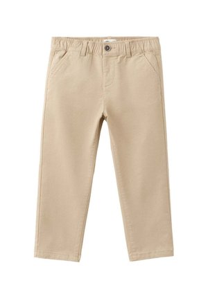 Pantaloni beige per bambini con vita elasticizzata, chiusura con bottone, passanti per cintura, tasche frontali e gambe dritte.