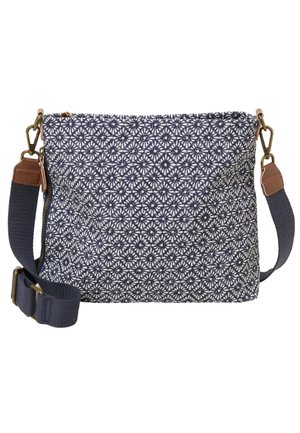Borsa a tracolla con motivo floreale blu e bianco, tracolla regolabile blu navy e dettagli in pelle marrone sulle giunture della tracolla.