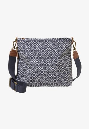 Borsa a tracolla con motivo floreale blu e bianco, tracolla regolabile blu navy e dettagli in pelle marrone sulle giunture della tracolla.