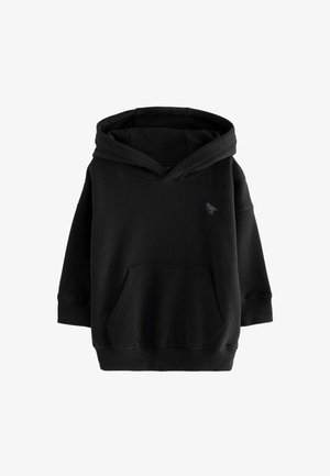 Schwarzer Kapuzenpullover mit einer vorderen Tasche, gerippten Bündchen und Saum sowie einem kleinen Logo auf der Brust. Aus weichem Stoff, mit lockerer Passform.