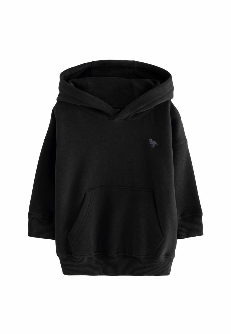 Sweat-shirt à capuche noir avec une poche avant, des poignets et un ourlet côtelés, et un petit logo sur la poitrine. Tissu doux, coupe décontractée.