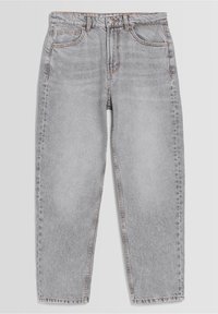 Jean en denim gris clair à taille haute, avec fermeture à boutons devant, zip et design à cinq poches, posé à plat sur fond blanc.