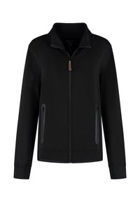 Zwarte volle rits jack met staande kraag, twee met rits gesloten zijzakken en lange mouwen, weergegeven op een witte achtergrond.