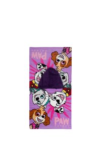 Coperta a tema Paw Patrol in un vivace colore viola con personaggi di cani dei cartoni animati. Presenta una texture morbida e un cappuccio viola scuro nella parte superiore.