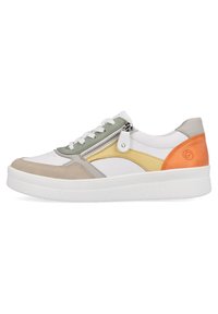 Multicolored sneakers with a white base, featuring beige, green, yellow, and orange accents, textured panels, lace-up and zip closure.