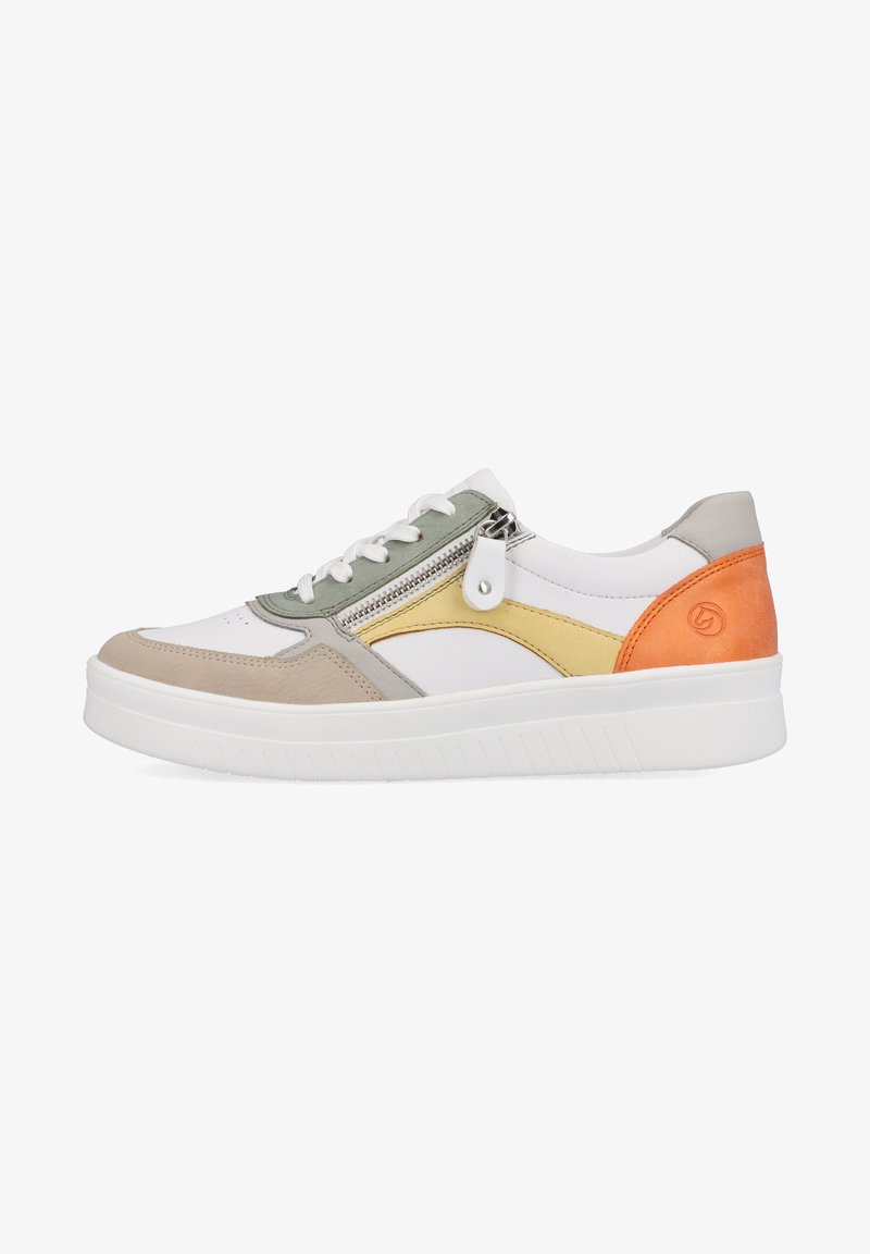Multicolored sneakers with a white base, featuring beige, green, yellow, and orange accents, textured panels, lace-up and zip closure.