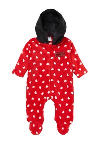 Rød babydragt med hvide hjerte mønstre, sort hætte, fodede ben og "Minnie Mouse" tekst på brystet.