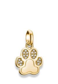 Goldfarbener Pfotenabdruck-Anhänger mit glatter Oberfläche, verziert mit funkelnden Steinen in kreisförmigen Mustern, ausgestattet mit einer Schlaufe zur Befestigung.