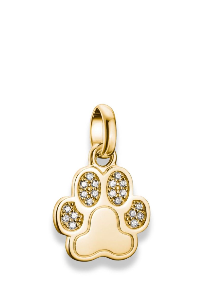 Goldfarbener Pfotenabdruck-Anhänger mit glatter Oberfläche, verziert mit funkelnden Steinen in kreisförmigen Mustern, ausgestattet mit einer Schlaufe zur Befestigung.