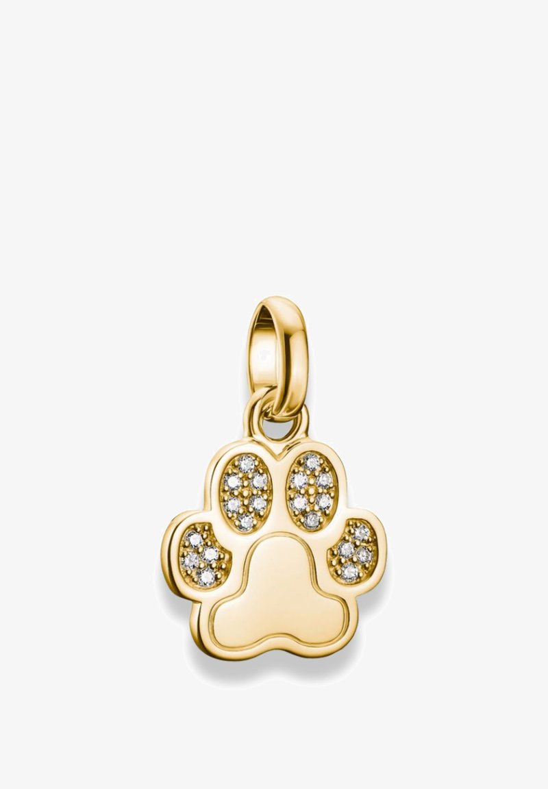 Goldfarbener Pfotenabdruck-Anhänger mit glatter Oberfläche, verziert mit funkelnden Steinen in kreisförmigen Mustern, ausgestattet mit einer Schlaufe zur Befestigung.