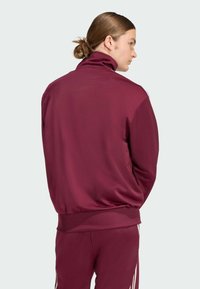 Bordová športová bunda s vysokým golierom, hladkou textúrou, elastickými manžetami a bočnými pruhmi na rukávoch. Vhodná na aktívne nosenie.