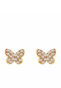 Złote kolczyki w kształcie motyli ozdobione błyszczącymi, przezroczystymi kamieniami, z teksturowaną podstawą i misternymi detalami na skrzydłach.