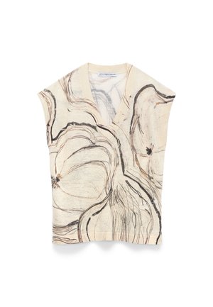 Beżowy bezrękawnik z dekoltem w serek, wykonany z dzianiny, ozdobiony abstrakcyjnymi czarnymi i brązowymi liniami w kwiatowy wzór, z lekkiego materiału, z prążkowanym wykończeniem przy dekolcie i na dole.