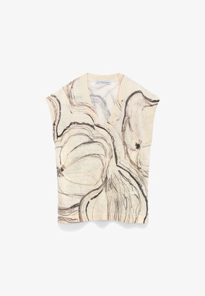 Beżowy bezrękawnik z dekoltem w serek, wykonany z dzianiny, ozdobiony abstrakcyjnymi czarnymi i brązowymi liniami w kwiatowy wzór, z lekkiego materiału, z prążkowanym wykończeniem przy dekolcie i na dole.