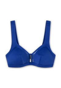 Senza schienalino blu con spalline larghe, tessuto morbido, coppe modellate e chiusura frontale. Presenta dettagli in rete al centro per la ventilazione.