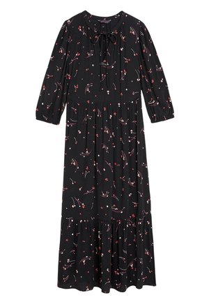 Robe midi noire à manches longues avec un petit imprimé floral rouge, rose et blanc et une cordelette à nouer au col rond.